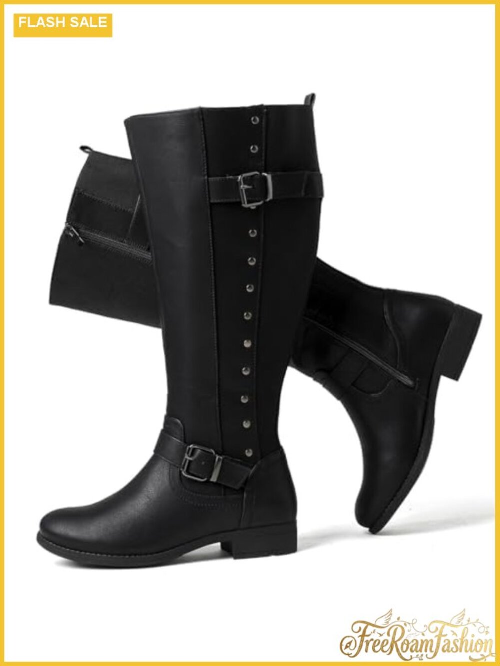 Women's Extra Wide Calf Faux Leather Knee-High Boots Round Toe